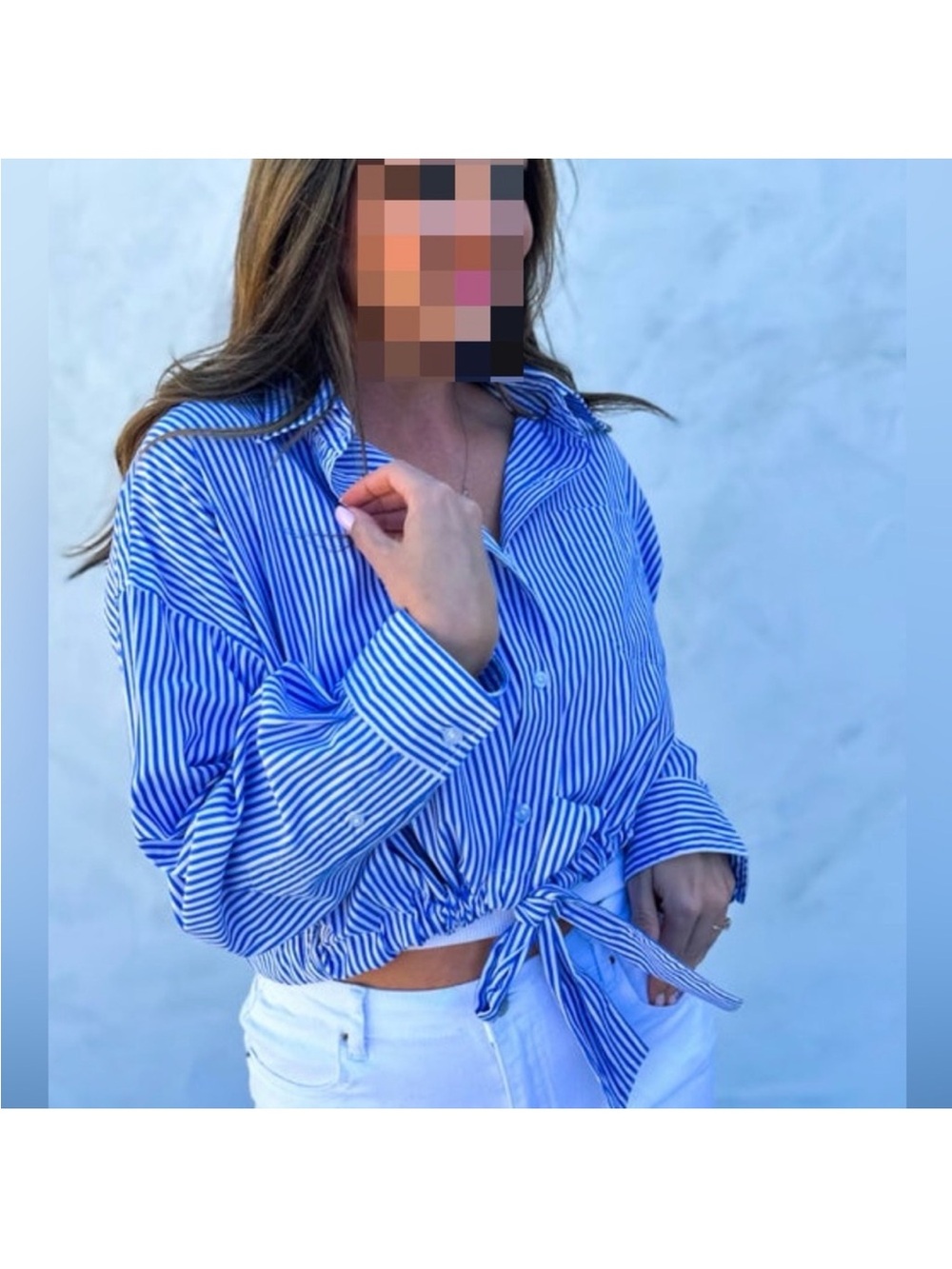 Elan Blue & White Striped Tie-Front Button Down